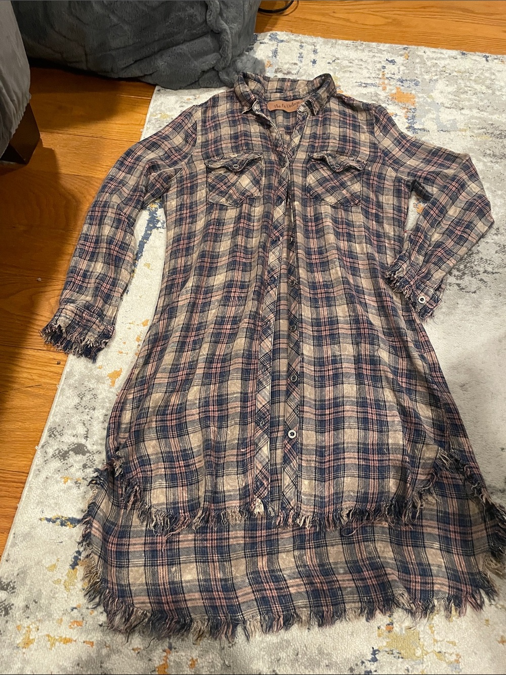 Plaid Button-Front Tunic Top - Blue & Cream